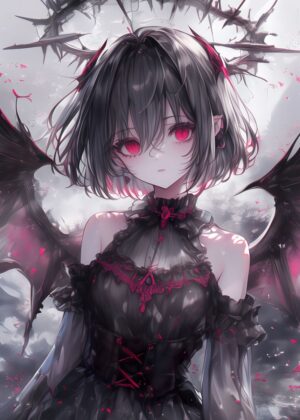 Bat Wings Demon Girl Anime Art Print - Premium Wooden Framed Poster. Ready to Hang.