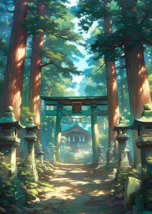Serene Japanese Shrine Forest: A Digital Painting - Premium Wooden Framed Poster. Ready to Hang.