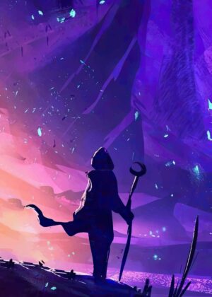 AtoMic: Silhouette of a Mage in a Mystical Purple Landscape - Premium Wooden Framed Poster. Ready to Hang.