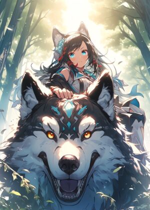 Anime Girl Riding a Wolf in a Forest - Premium Wooden Framed Poster. Ready to Hang.