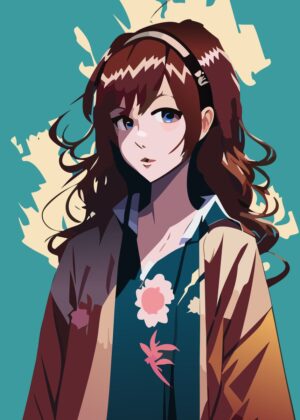 Anime Girl with Brown Hair and Teal Background - Premium Wooden Framed Poster. Ready to Hang.