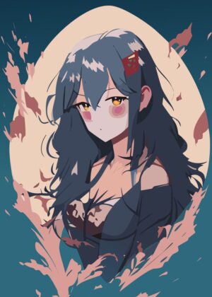 Mysterious Anime Girl with Flowing Dark Hair - Premium Wooden Framed Poster. Ready to Hang.