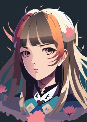 Anime Girl with Orange and Brown Hair - Premium Wooden Framed Poster. Ready to Hang.