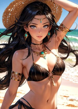 Sun-Kissed Anime Beauty: Summer Beach Vibes - Premium Wooden Framed Poster. Ready to Hang.