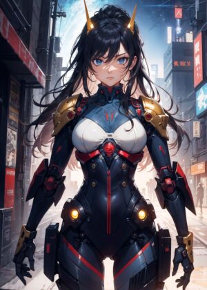 Anime Cyberpunk Girl: Futuristic Warrior in Neon City - Premium Wooden Framed Poster. Ready to Hang.