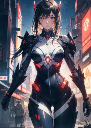Anime Cyberpunk Girl: Futuristic Cityscape - Premium Wooden Framed Poster. Ready to Hang.