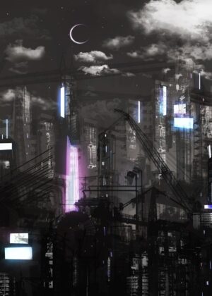 Entropy and Strobe Lights: A Cyberpunk Cityscape - Premium Wooden Framed Poster. Ready to Hang.