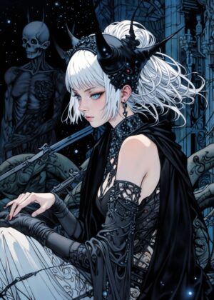 Mysterious Anime Girl: Dark Fantasy Art Print - Premium Wooden Framed Poster. Ready to Hang.