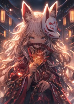 Nine-Tailed Fox Girl Night: Anime Art Print - Premium Wooden Framed Poster. Ready to Hang.