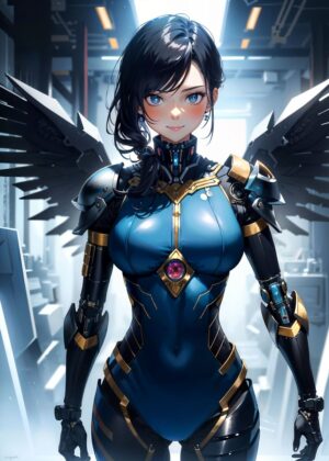 Cyberpunk Anime Girl with Wings - Premium Wooden Framed Poster. Ready to Hang.