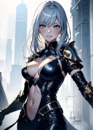 Anime Girl in Cyberpunk Cityscape - Premium Wooden Framed Poster. Ready to Hang.