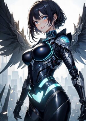 Cyberpunk Angel Anime Girl Art Print - Premium Wooden Framed Poster. Ready to Hang.