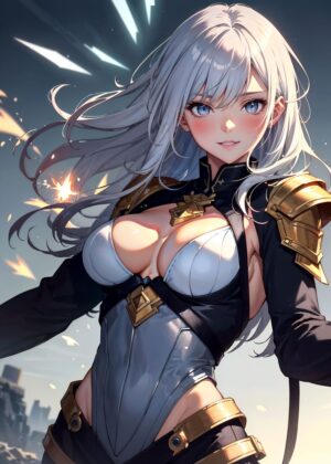 Anime Girl with Silver Hair and Armor - Premium Wooden Framed Poster. Ready to Hang.