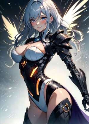 Cyberpunk Angel: Anime Girl Digital Art Print - Premium Wooden Framed Poster. Ready to Hang.