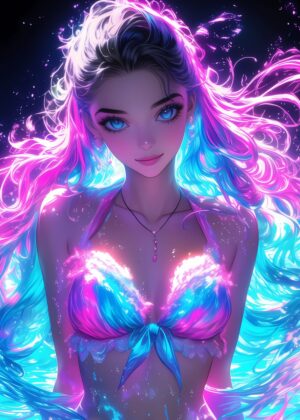 Neon Beauty: Vibrant Anime Girl Art Print - Premium Wooden Framed Poster. Ready to Hang.