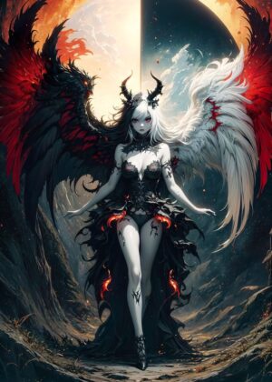 Gothic Angel and Devil: A Dark Fantasy Artwork - Premium Wooden Framed Poster. Ready to Hang.