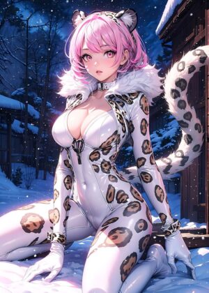 White Snow Leopard Girl: Anime Art Print - Premium Wooden Framed Poster. Ready to Hang.