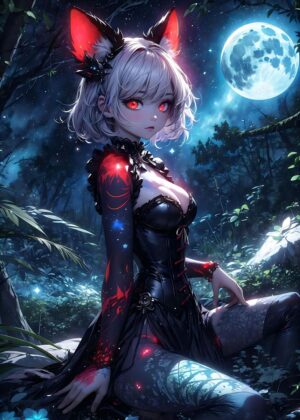 Anime Moonlight Cat Girl Art Print - Premium Wooden Framed Poster. Ready to Hang.