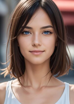 Stunning Portrait of a Young Woman with Blue Eyes - Premium Wooden Framed Poster. Ready to Hang.