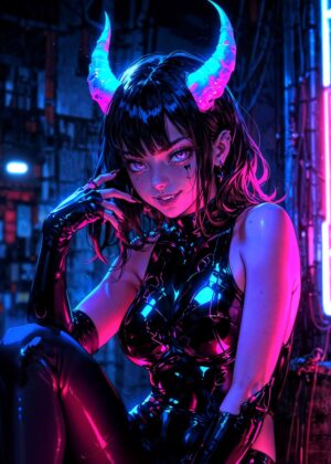 Cyberpunk Demon Girl Halloween Art Print - Premium Wooden Framed Poster. Ready to Hang.