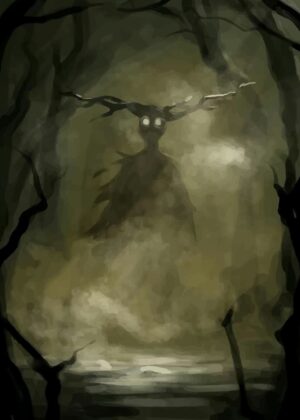 Mysterious Forest Spirit: Eerie Digital Artwork - Premium Wooden Framed Poster. Ready to Hang.