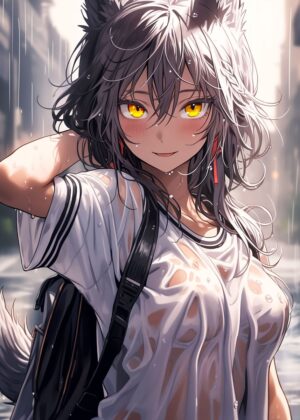 Anime Fox Girl Rain - Premium Wooden Framed Poster. Ready to Hang.