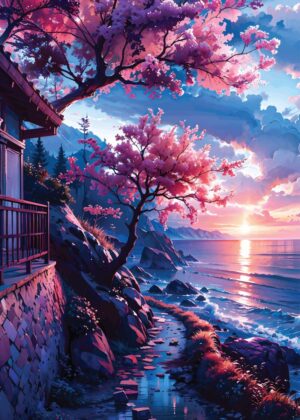 Serene Sakura Sunset: Japanese Coastal Serenity - Premium Wooden Framed Poster. Ready to Hang.
