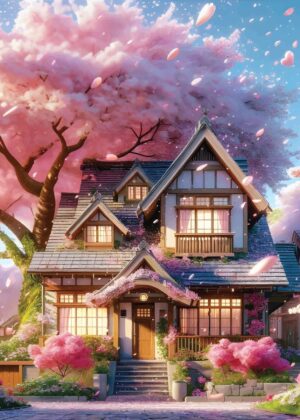 Anime Sakura House: A Dreamy Spring Escape - Premium Wooden Framed Poster. Ready to Hang.