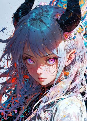 Horned Anime Beauty: Vibrant Digital Art Print - Premium Wooden Framed Poster. Ready to Hang.