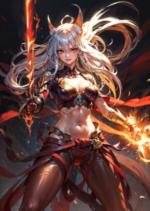 Furious Kitsune Fury: Anime Digital Art Print - Premium Wooden Framed Poster. Ready to Hang.