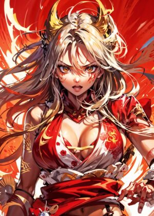 Vixen's Wrath: Fiery Anime Girl Art Print - Premium Wooden Framed Poster. Ready to Hang.