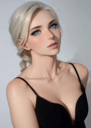 Stunning Blonde Woman with Striking Blue Eyes - Premium Wooden Framed Poster. Ready to Hang.