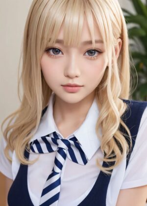 Japanese Blonde Hair Girl: Anime Inspired Artwork - Premium Wooden Framed Poster. Ready to Hang.