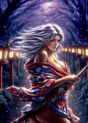 Mystical Geisha Warrior: Digital Art Print - Premium Wooden Framed Poster. Ready to Hang.