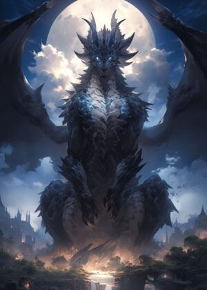 Majestic Moonlight Dragon: Anime Fantasy Art Print - Premium Wooden Framed Poster. Ready to Hang.