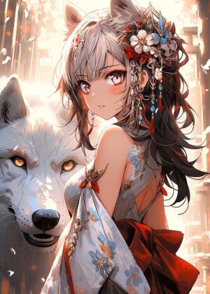 Anime Girl and Wolf: Mystical Bond - Premium Wooden Framed Poster. Ready to Hang.
