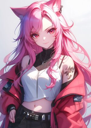 Kawaii Neko Anime Girl with Pink Hair: Digital Art Print - Premium Wooden Framed Poster. Ready to Hang.