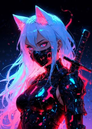 Neon Cyberpunk Anime Girl Art Print - Premium Wooden Framed Poster. Ready to Hang.