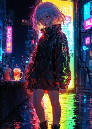 Cyberpunk Girl in Neon Rain - Premium Wooden Framed Poster. Ready to Hang.