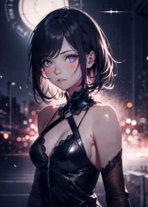 Anime Girl in City Night - Premium Wooden Framed Poster. Ready to Hang.