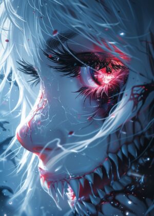 Anime Skull Girl: Fierce Digital Art Print - Premium Wooden Framed Poster. Ready to Hang.