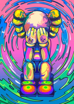 KAWS Companion: Psychedelic Rainbow - Premium Wooden Framed Poster. Ready to Hang.
