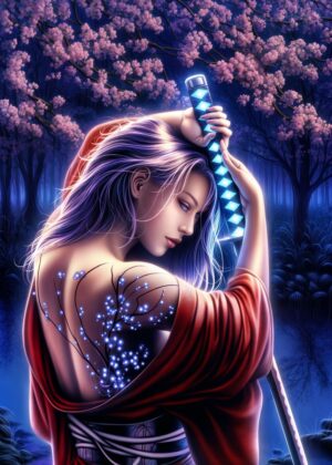 Ethereal Samurai Woman: A Digital Painting - Premium Wooden Framed Poster. Ready to Hang.