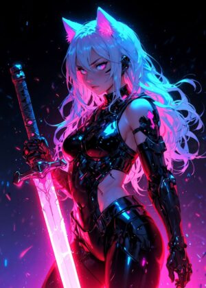 Cyberpunk Anime Girl with Katana - Premium Wooden Framed Poster. Ready to Hang.