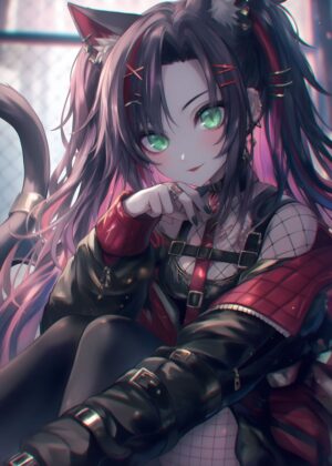 Anime Cat Girl Rebel: Fierce and Stylish Digital Art Print - Premium Wooden Framed Poster. Ready to Hang.