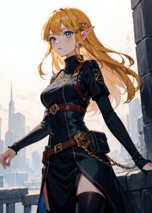 Anime Elf Girl: Cityscape Fantasy - Premium Wooden Framed Poster. Ready to Hang.