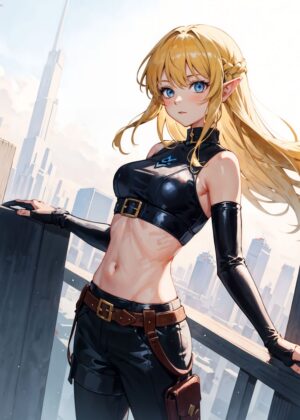 Anime Elf Girl in Cityscape - Premium Wooden Framed Poster. Ready to Hang.