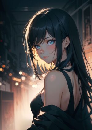 Anime Girl with Blue Eyes in City Night - Premium Wooden Framed Poster. Ready to Hang.