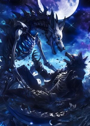 Death Wolf Anime Night: Dark Fantasy Art Print - Premium Wooden Framed Poster. Ready to Hang.