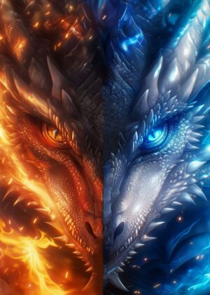 Anime Dragon: Fire and Ice - Dual Elemental Majesty - Premium Wooden Framed Poster. Ready to Hang.